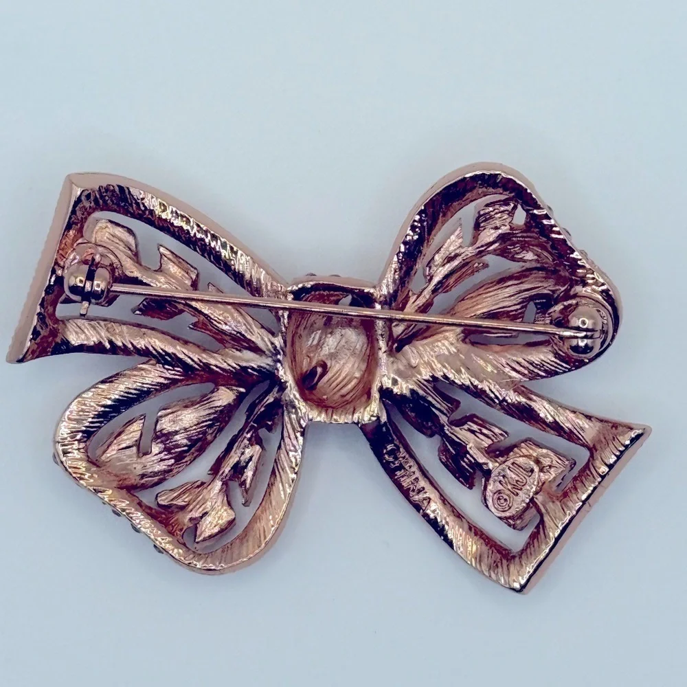 Kenneth Jay Lane KJL Art Deco Style PINK Rose Gold Rhinestone Bow Brooch Formal